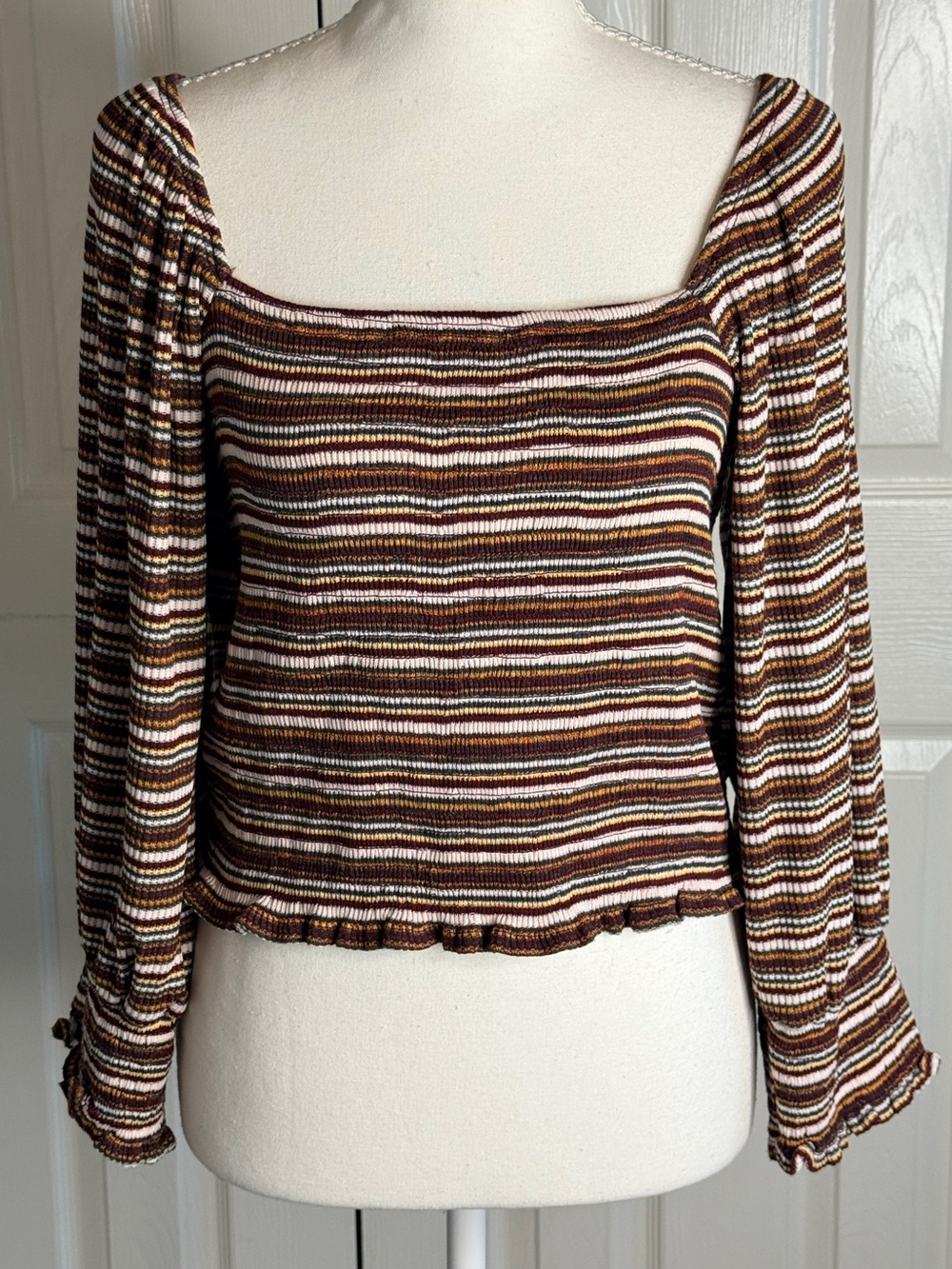 Anthropologie Smocked Striped Puff Sleeve Top Medium EUC Boho
